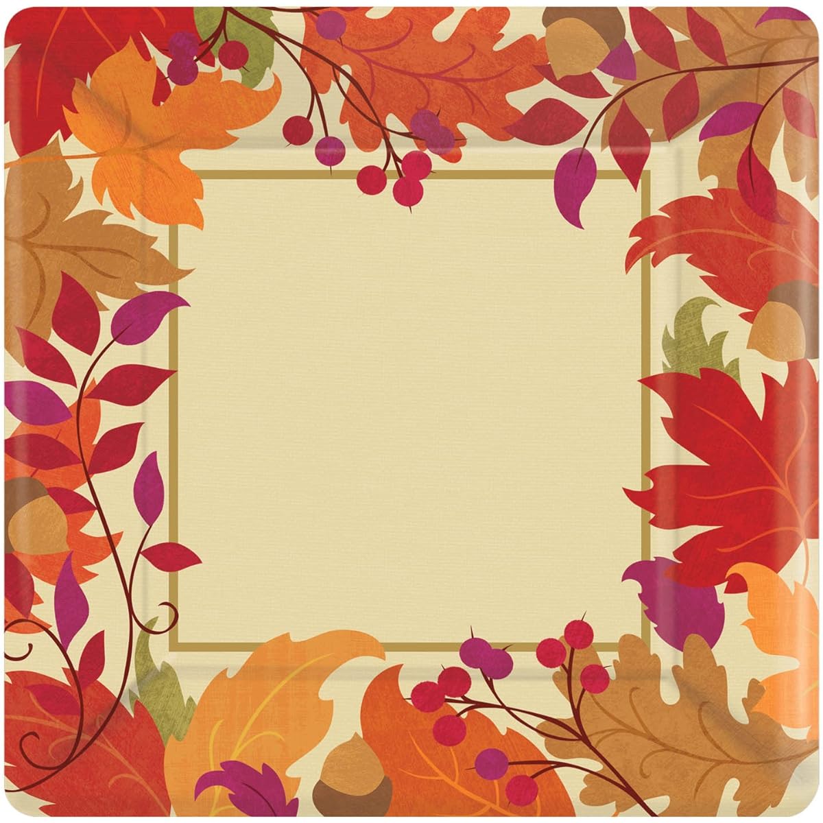 Festive Fall Metallic Disposable Paper Dinner Plates Fall Party Tableware, Square, 10.5 Inch, Pack of 18.
