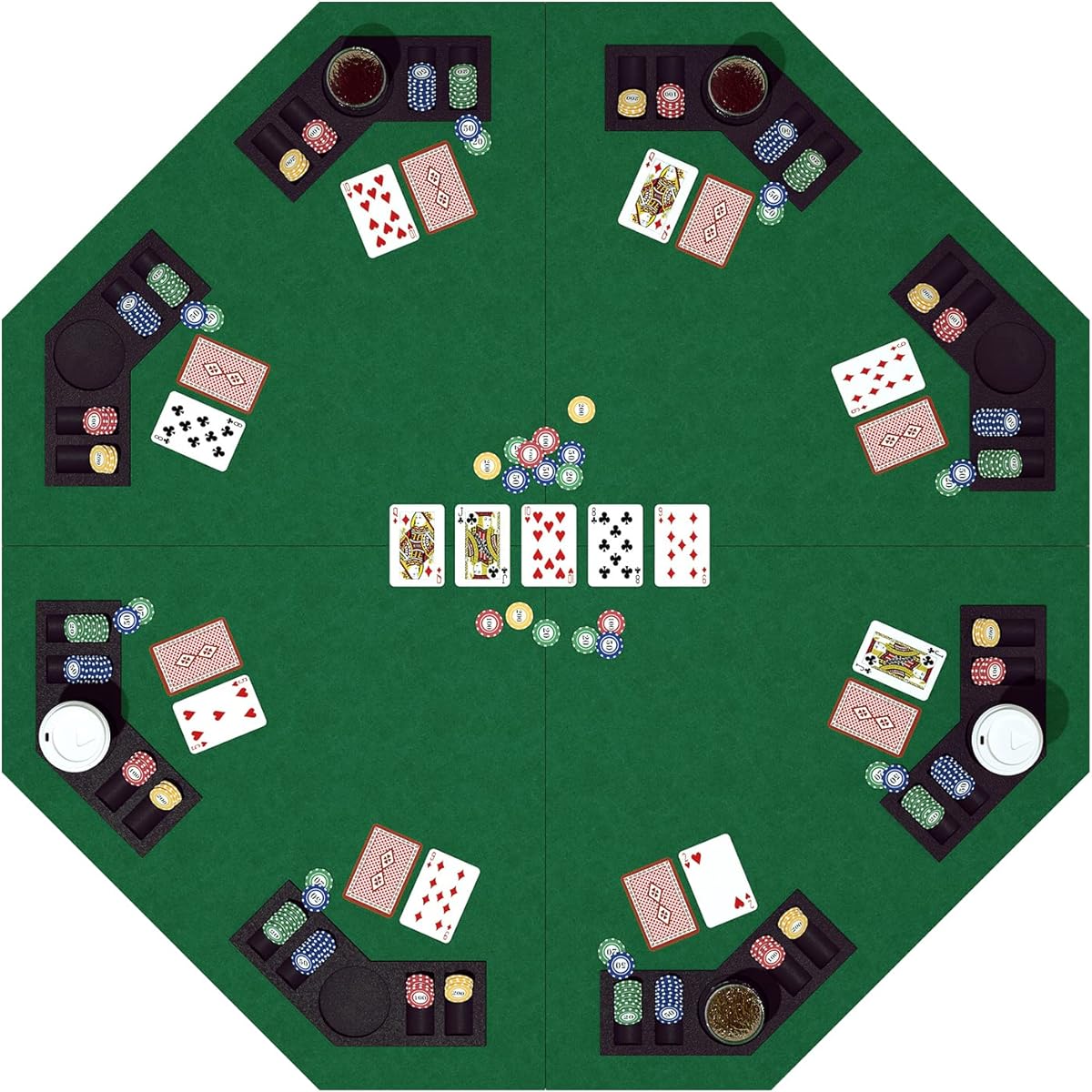 48" Foldable Poker Table Top for 8 Players, Octagon Poker Table Topper with Chip Tray & Cup Holder, Professional Texas Hold'em Poker Table Mat Layout for Card Casino Games, Carry Bag Included