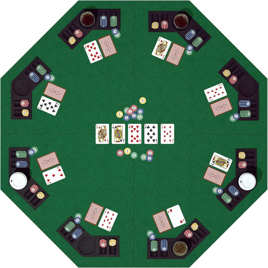 48" Foldable Poker Table Top for 8 Players, Octagon Poker Table Topper with Chip Tray & Cup Holder, Professional Texas Hold'em Poker Table Mat Layout for Card Casino Games, Carry Bag Included