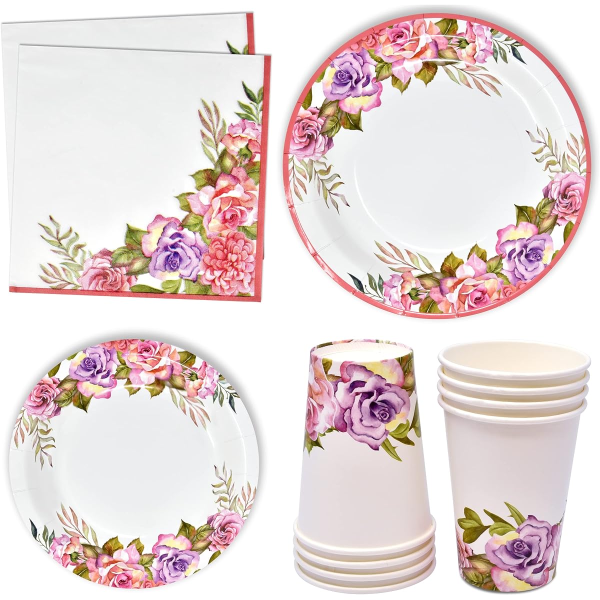 Floral Pink & Purple Flower Disposable Tableware Party Supplies Set 24 Pieces 9" Dinner Plates 7" Paper Plates 24 Pieces 9oz Cups 24 Pieces Lunch Napkins Girls Baby Shower Tea Birthday Mother's Day Spring Flower Decor