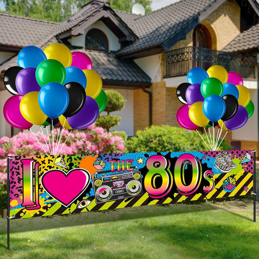 80's Party Decorations Set I Love 80's Banner with 40 Balloons Large 1980's Hip Hop Sign Backdrop Retro Boombox Backdrop Hip Hop Party Photo Booth Props 70.8 x 15.7 Inch (80's)