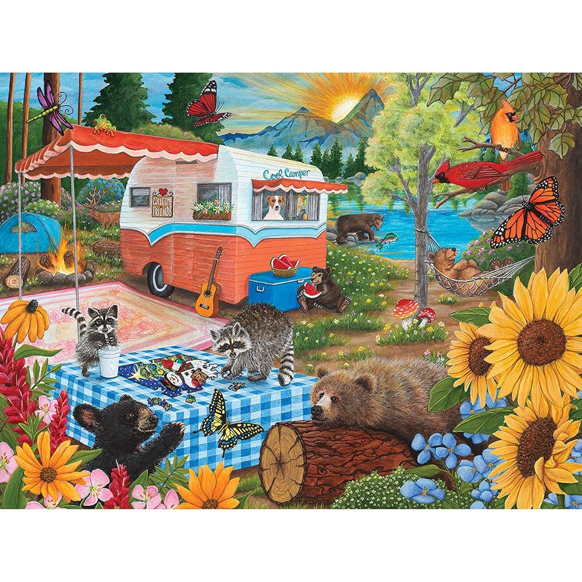 Bits and Pieces Jigsaw Puzzle 500 Pieces for Adults 18" x 24" Cool Camper 500 Pieces Nature Animal Bear Camp Forest River Author Cathy Bambeck