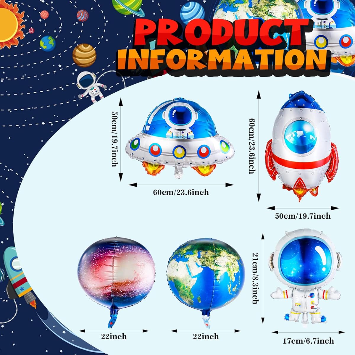 7pcs Galaxy Space Balloons Big Universe Cartoon Inflatable Rocket Astronaut Earth Spaceship Planet Foil Balloon Space Theme Party Supplies Galaxy Birthday Party Photo Decoration