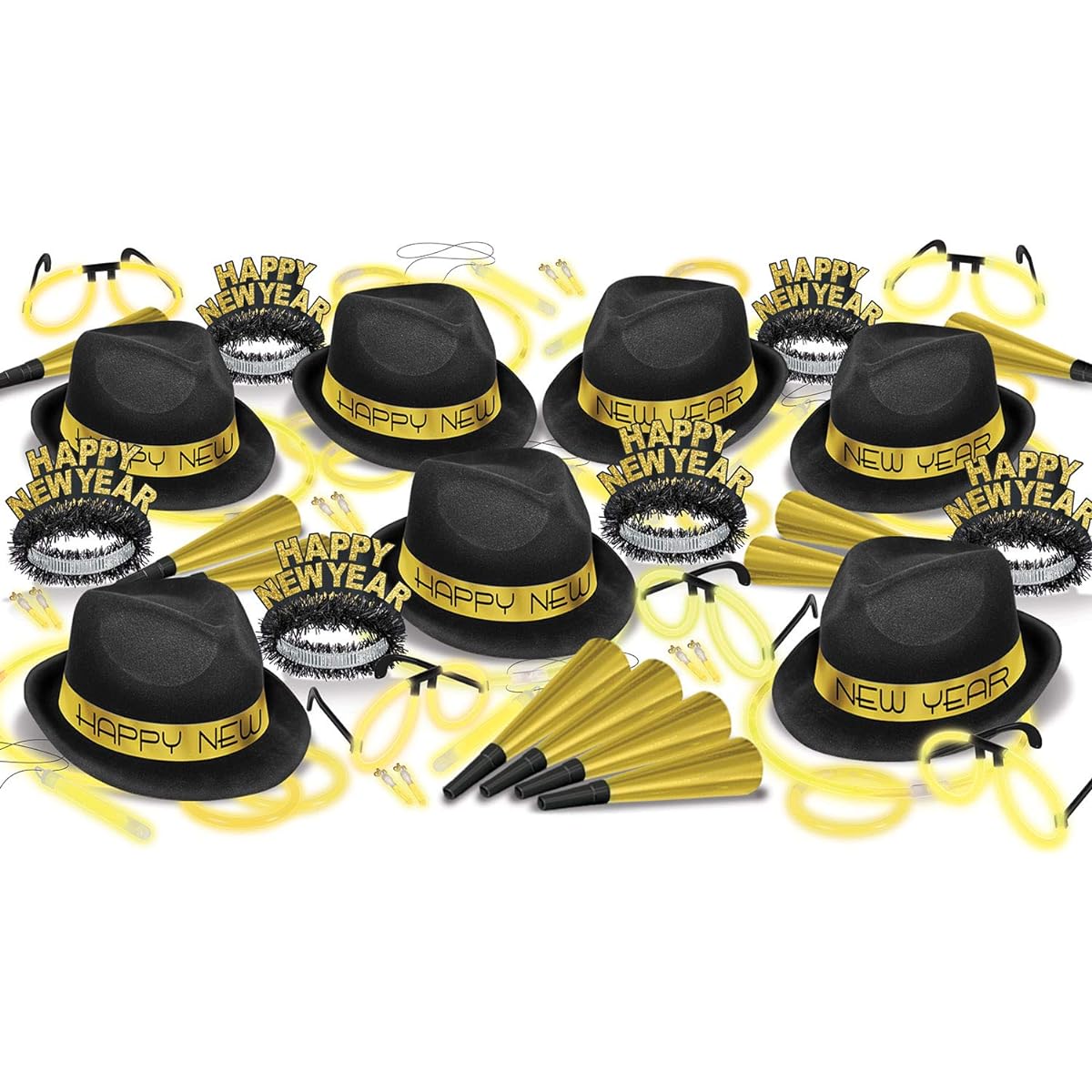 New Years Party Kit Black and Gold Assorted Pack for 50