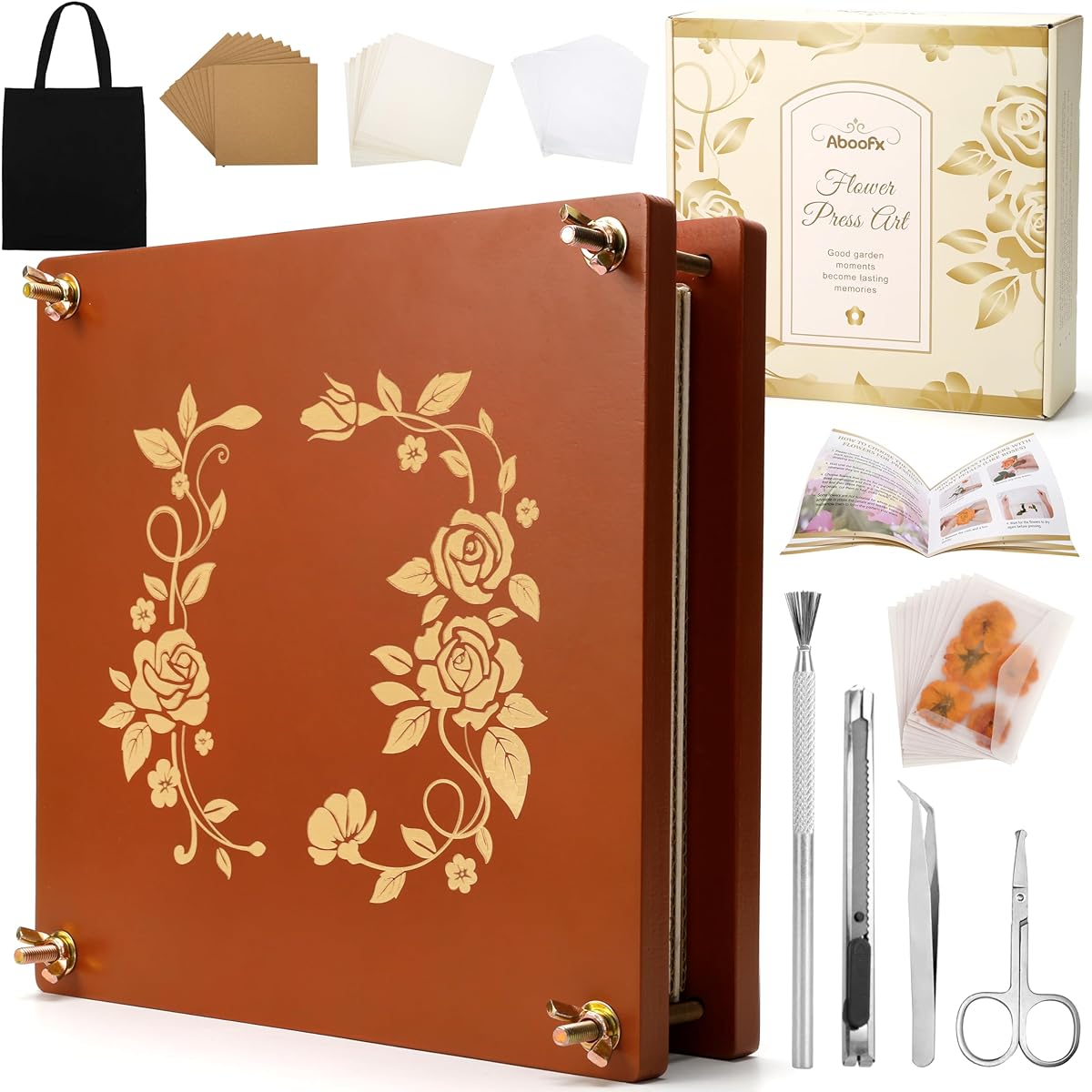 Aboofx Extra Large Wooden Flower Press Kit with Carry Bag, 10 Layers 10" x 10" Flower Press Kit DIY Arts & Crafts Kit for Kids and Adults, DIY Pressed Flowers Plant Preservation Kit Gift