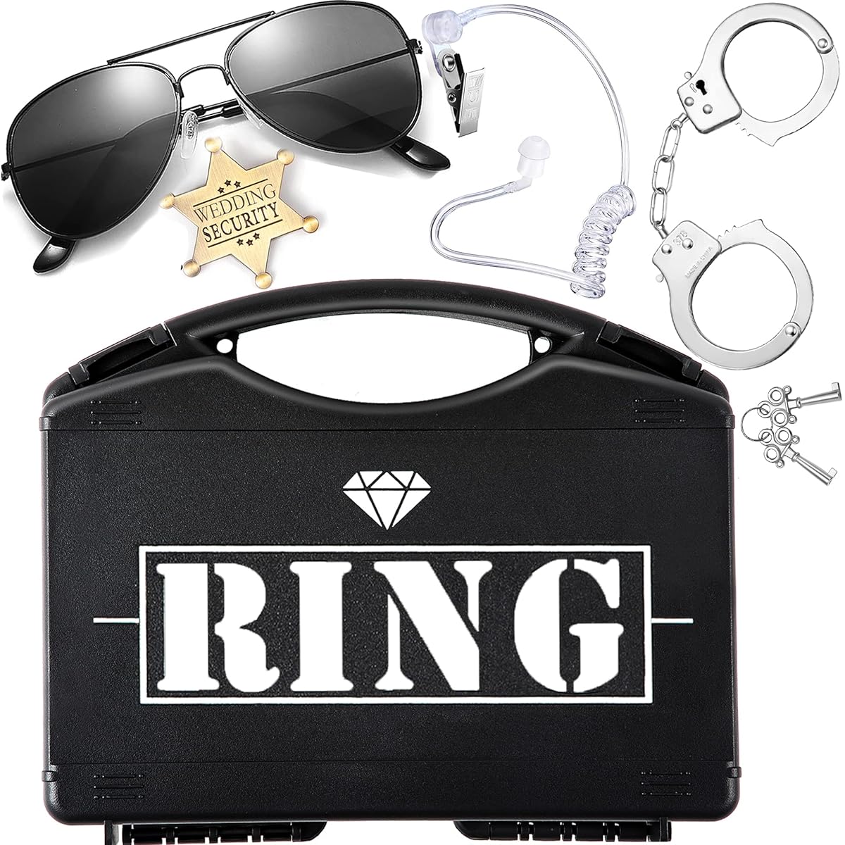 Ring Wedding Bearer Security:Ring Wedding Security Set Ring Box Bearer + Glasses + Earphones + Badge + Handcuffs Ring Gift Bearer Proposal Cosplay, Mid