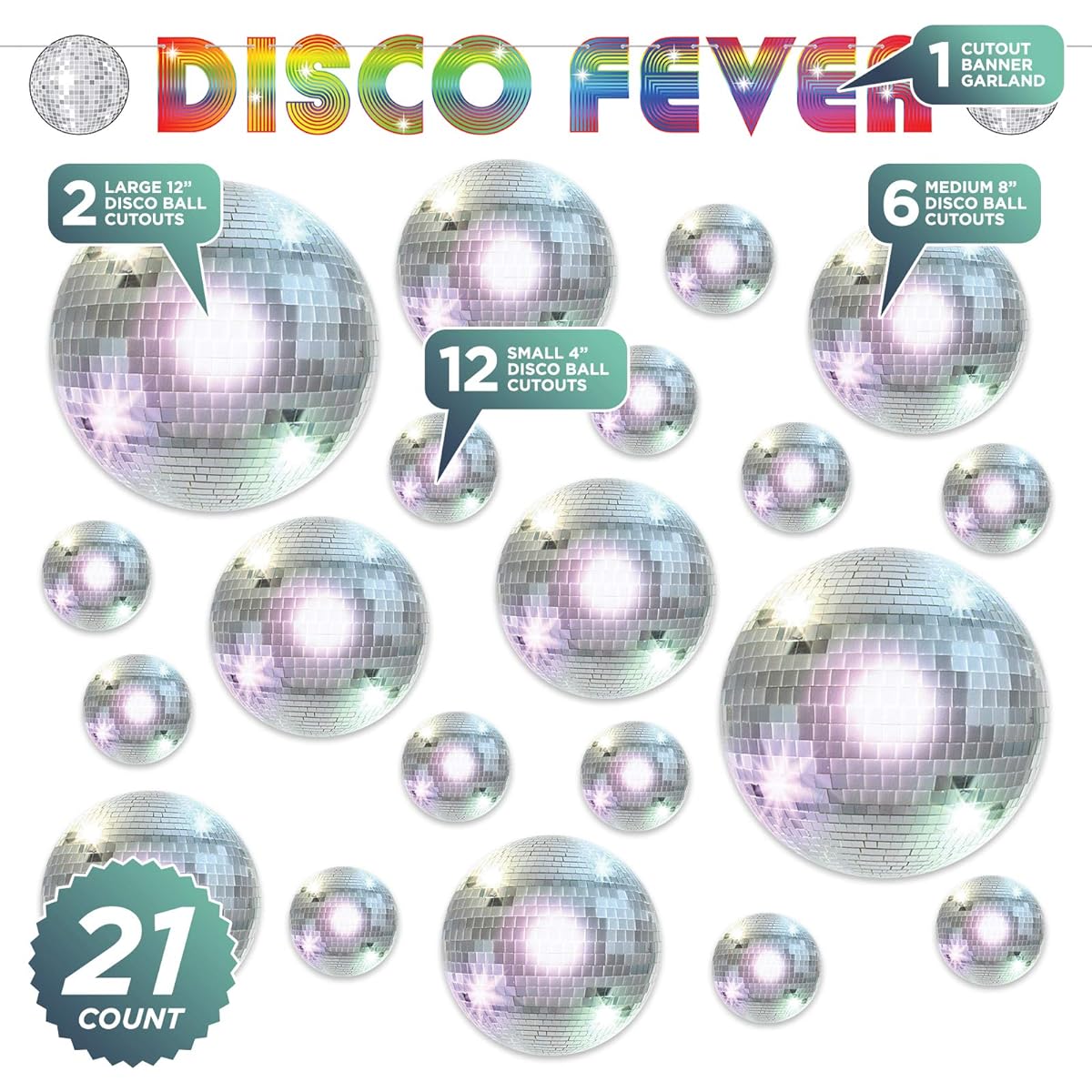 70's Party Disco Fever Hanging Banner Garland and Disco Ball Double Sided Cutout Set Total 21 Pieces