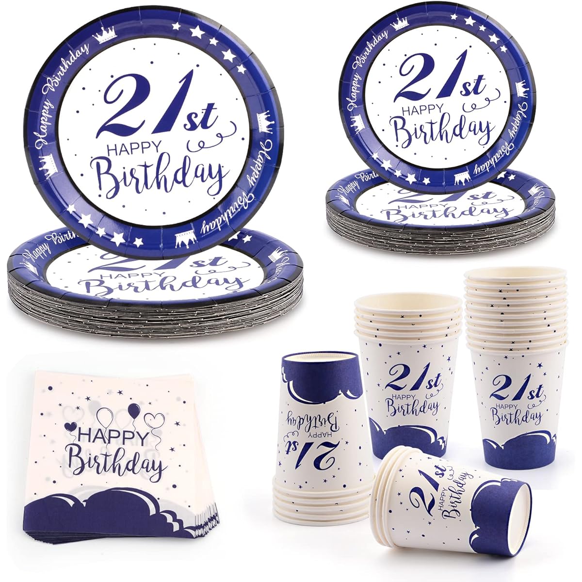 21st Birthday Decorations for Him/Him 96pcs Happy Birthday Plates and Napkins Navy Blue Party Tableware Set Party Supplies Paper Plates Napkins Cups 21st Birthday Plates - 24 Guests