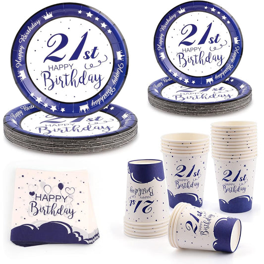 21st Birthday Decorations for Him/Him 96pcs Happy Birthday Plates and Napkins Navy Blue Party Tableware Set Party Supplies Paper Plates Napkins Cups 21st Birthday Plates - 24 Guests