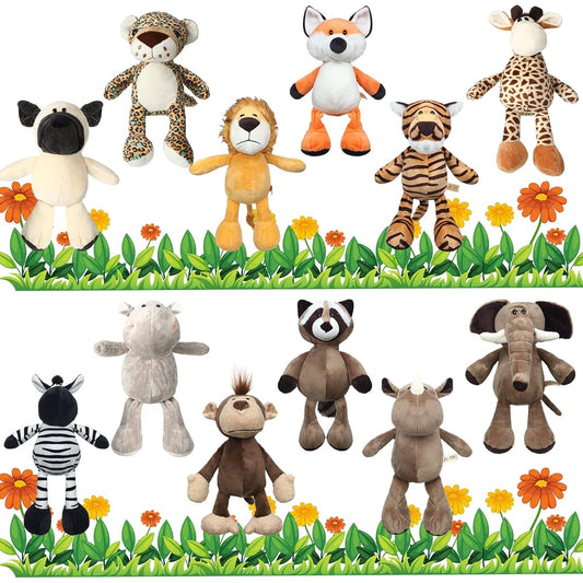 12 Pieces Safari Plush Cute 9.9 Inch Jungle Animal Toy Set Tiger Lion Elephant Monkey Shar Pei Giraffe Stuffed Animals for Zoo Animal Theme Party