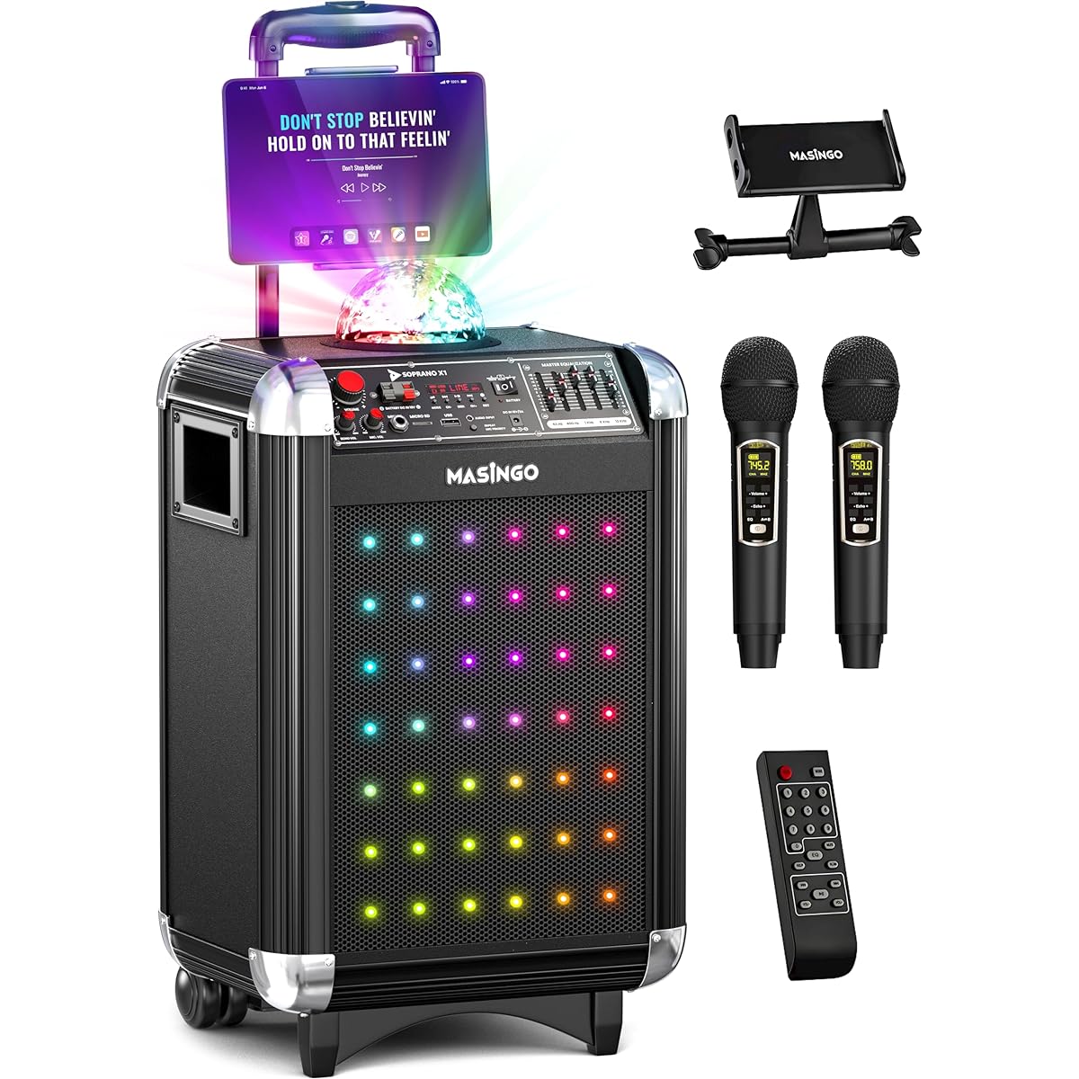 Masingo Karaoke Wireless Microphone Speaker Set Portable Speaker PA Set Includes 2 Bluetooth Microphones Party Light Tablet Holder TV Cable Included Soprano X1