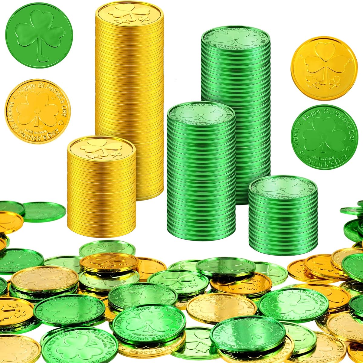 St. Patrick's Day Shamrock Coins, 320 Pieces Green and Gold Coins, Decorative Plastic Coins, St. Patrick's Day Party Supplies, 2 Styles