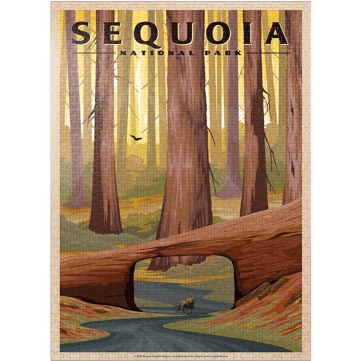 Sequoia National Park - Tunnel Log Vintage Travel Poster - Premium 1000 Piece Jigsaw Puzzle for Adults
