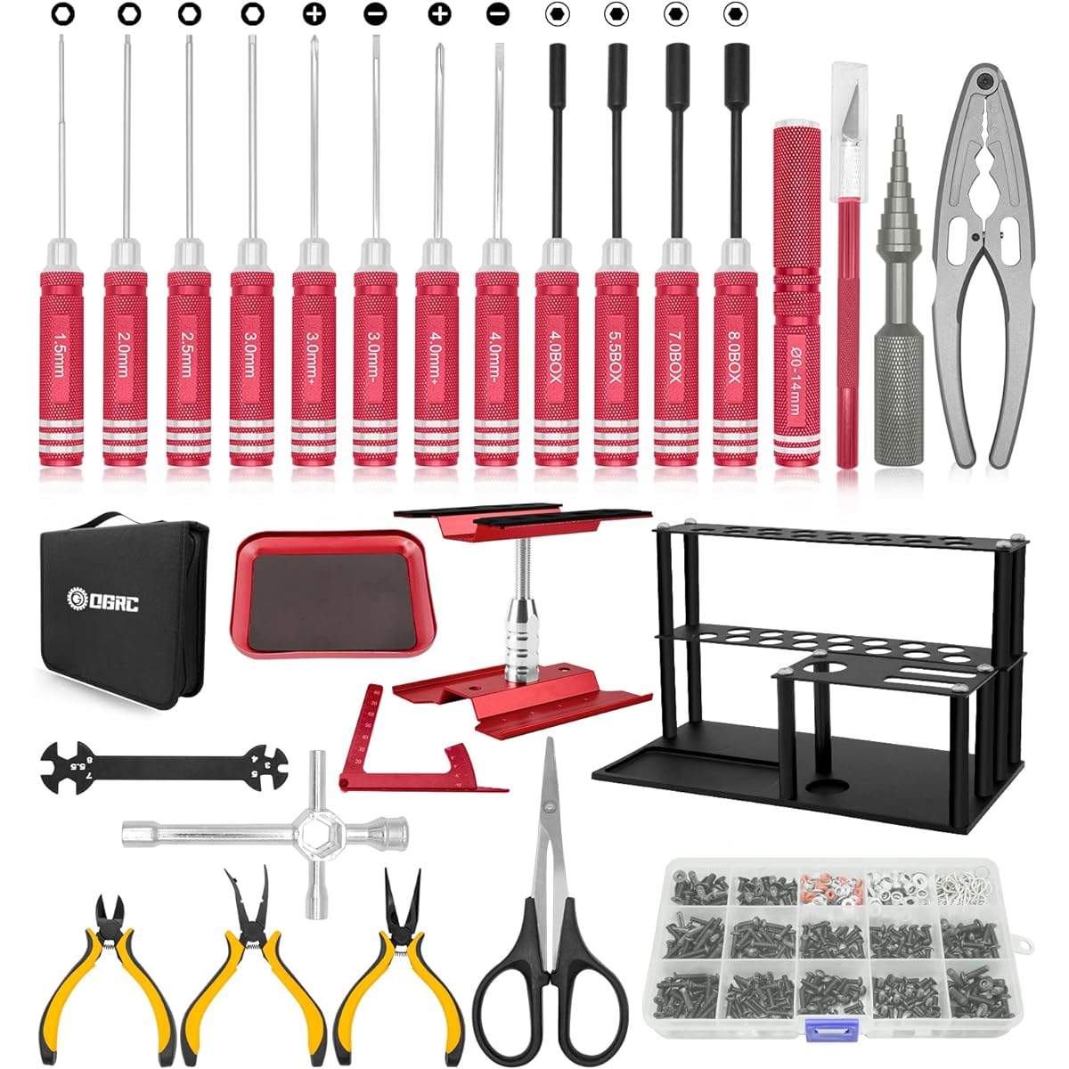 RC Tool Kit Screwdriver Set (Flat, Phillips, Hex) Metal Holder RC Work Stand 522pcs Screw Kit Pliers Set Body Reamer Wrench Tray Repair Tools for RC Car Boat Quadcopter Helicopter - 27pcs (Red)