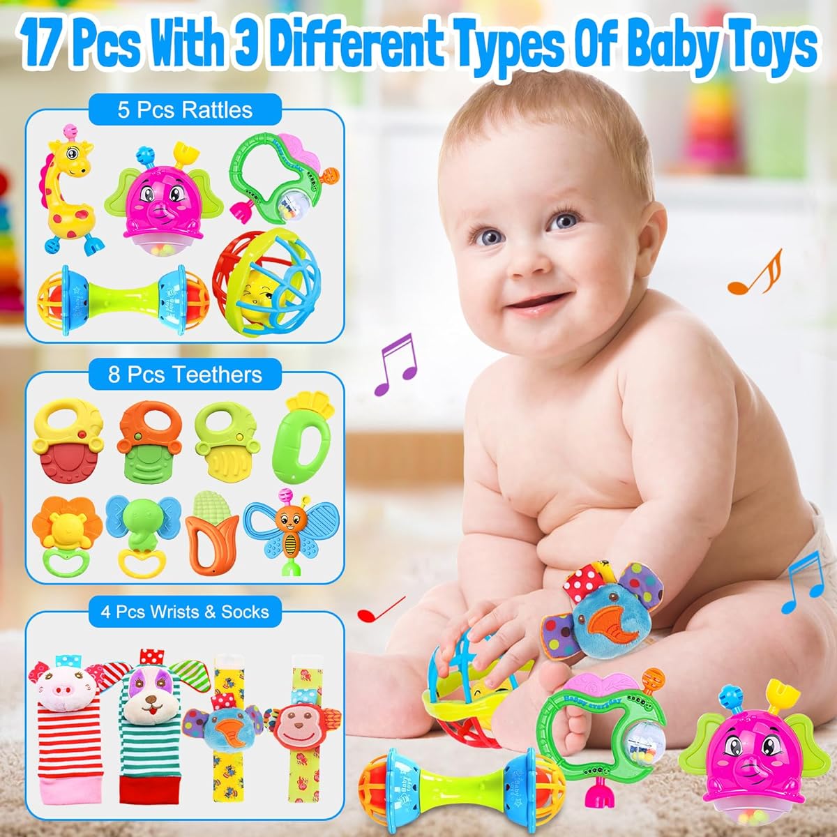 Baby Rattles Toys for 0-6 Months - 14 PCS Infant Toys 0-3 Month Old Baby Boy Girl Gifts Set with Teething and Wrist Socks Rat
