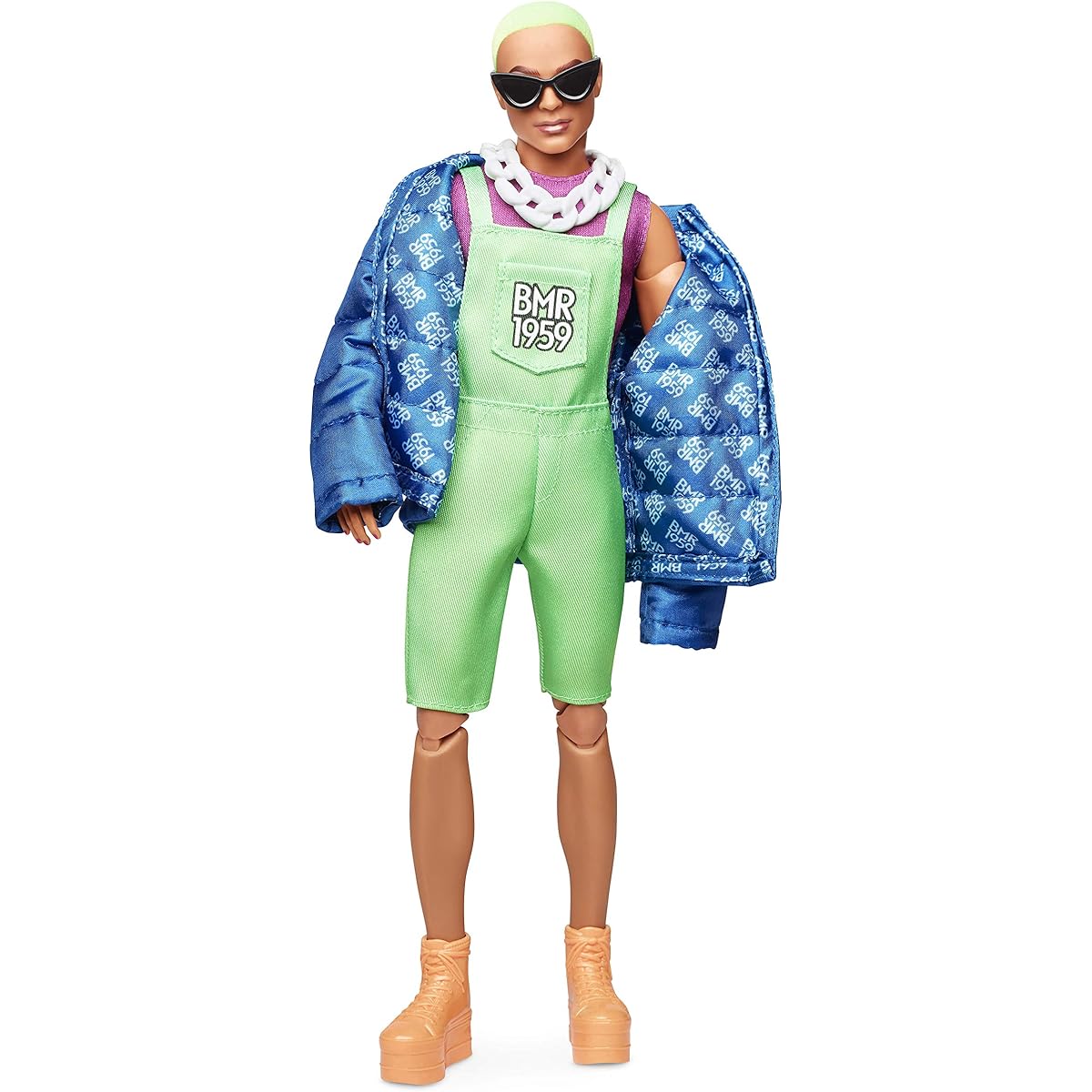 Mattel - Barbie BMR1959, Ken with Neon Hair and Overalls and Puffer Jacket and Doll Stand, African American