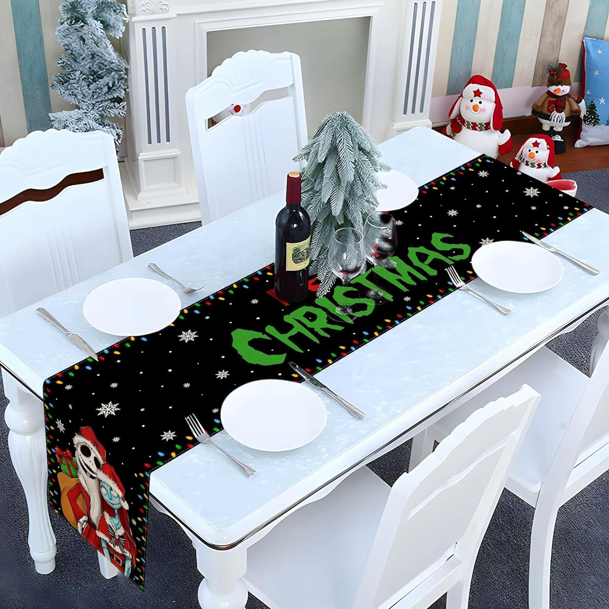 Merry Christmas Table Runner Nightmare Before Christmas Winter Holiday Party Kitchen Fireplace Dining Room Home Decoration