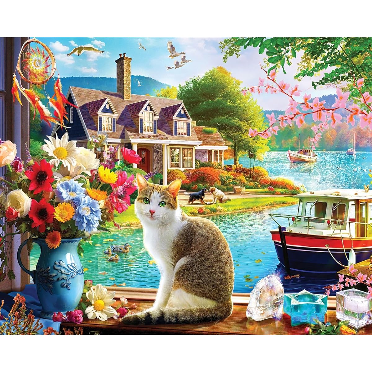 Springbok Crisp Morning 1000 Piece Jigsaw Puzzle for Adults and Families - Cat Enjoying a Lakeside Scene - Finished Size 30" x 24"