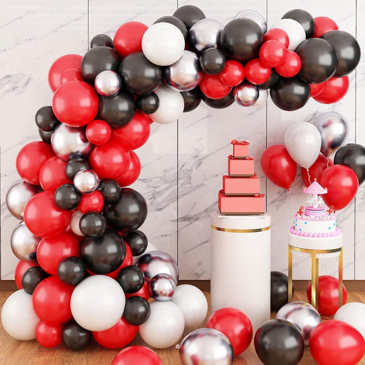Red Black Silver Balloon Garland Arch Kit 101 Pieces Balloon Set Black Red White Metallic Silver Balloon Decoration Valentine's Day Birthday Wedding Bridal Shower Baby Shower Party Decoration