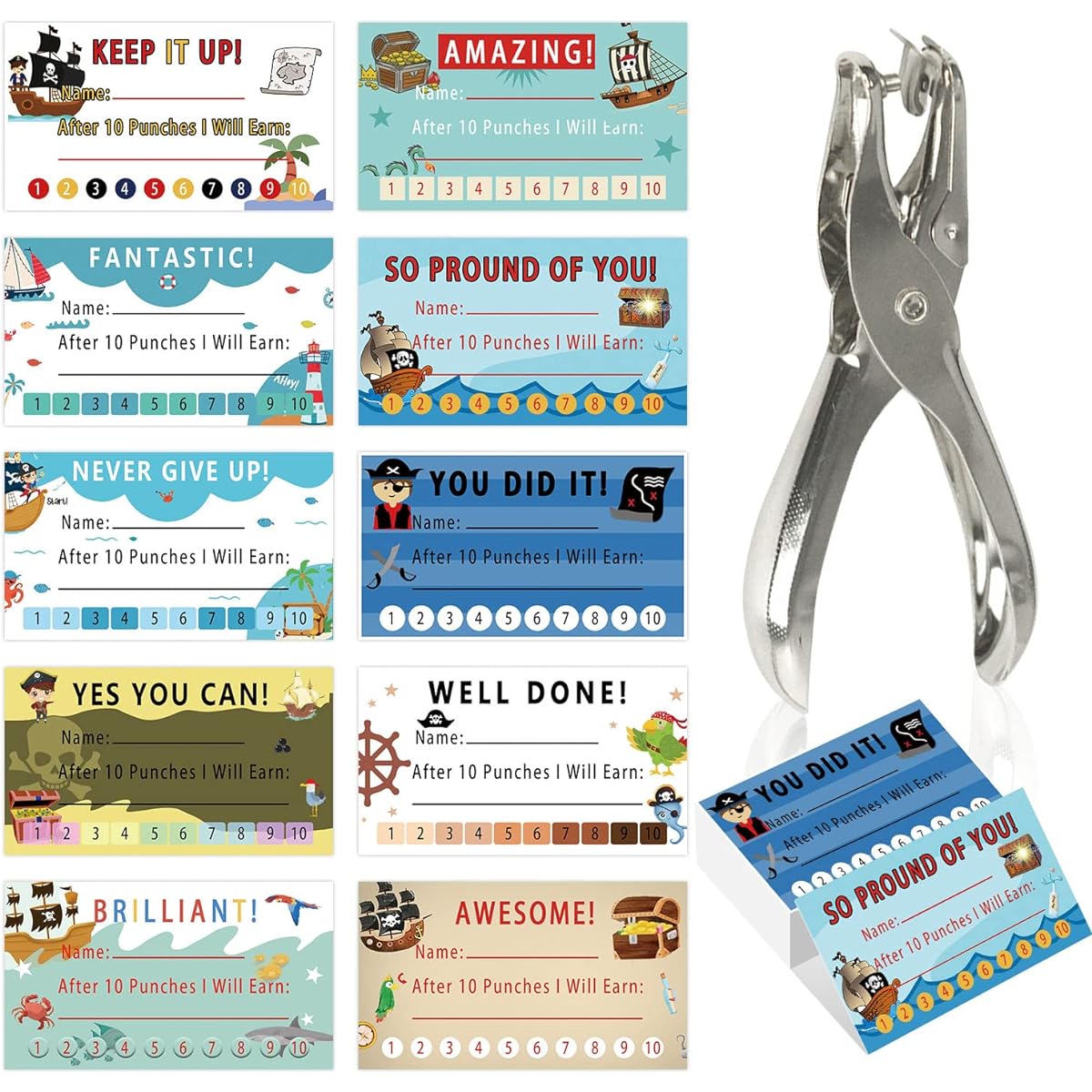 Pirate Themed Reward Punch Cards for Kids - Motivational Behavior Punch Cards for Boys Kids Responsibility Education Tool Incentive Loyalty Cards for Home Classroom School Daycare (200 Count)
