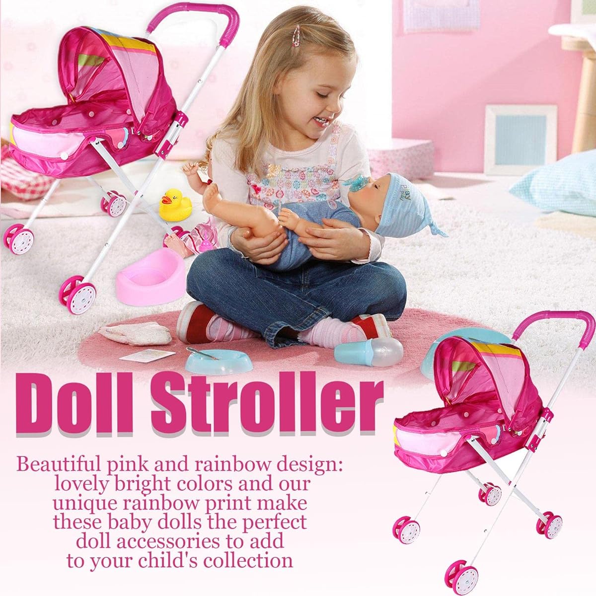 5 Pcs Kids Play Stroller | Kids Play Stroller with Soft Grip Handle, Foldable Doll Pram with Retractable Canopy, Baby Doll Accessories Gift Toys for Girls