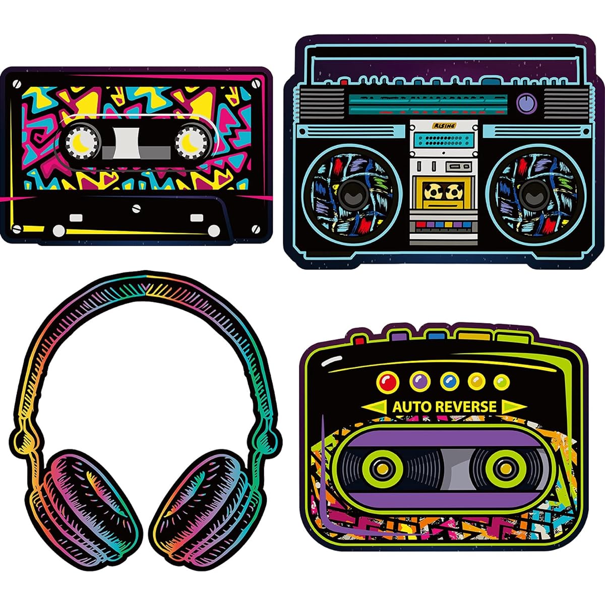 80s Party Decorations, 10-12 Inch 80s Cutouts, Large Cassette Player Cutout, Headphone Cutout, 1970s Party Decorations, 1980s Theme Party Decorations Kit, Retro Designs (12 Pieces)