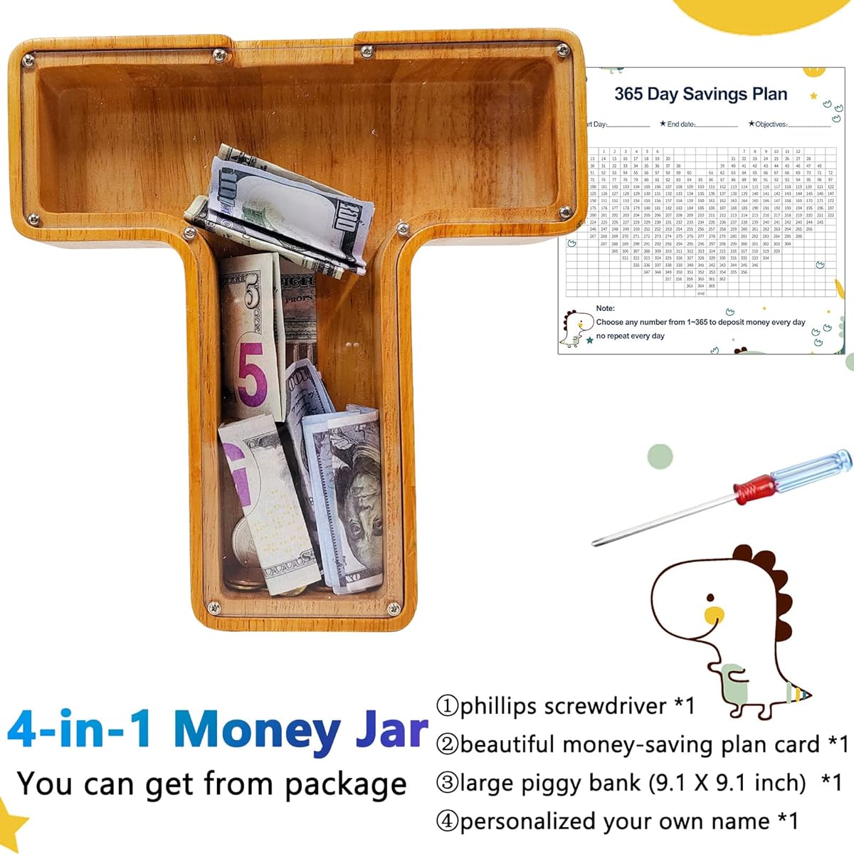 Custom Wooden Piggy Bank Creative 26 English Alphabet Letter Storage Tank Personalized Letter Coin Bank Customized Wooden Toy Piggy Bank Frame DIY Your Own Name Letter Decorative Kids Piggy Bank(T)