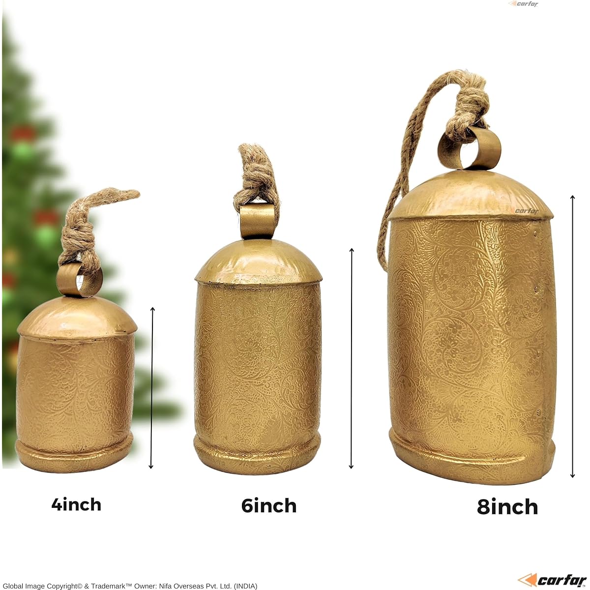 Carfar Set of 3 Etched Flora Style Large Bell Handmade Metal Harmony Christmas Hanging Cowbell Complete Set