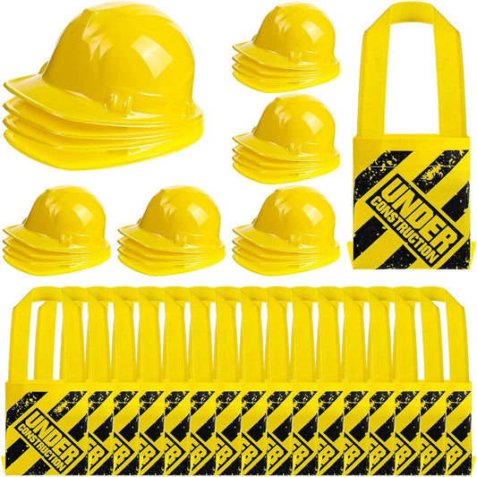 48 Pieces Construction Birthday Party Supplies Favors 24 Pieces Construction Party Hats 24 Pieces Mini Construction Zone Tote Bags, Construction Yellow Hats Kids Hard Hats for Under Construction Boys Girls