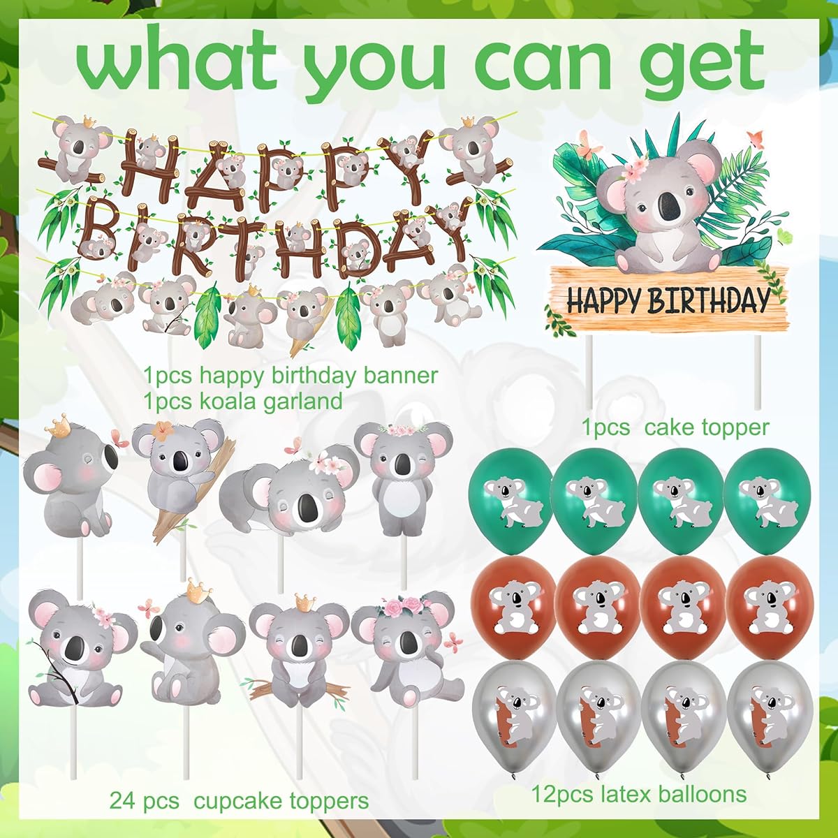 Koala Birthday Party Decorations Set, Koala Birthday Banner Garland Balloons Cake Cupcake Decorations Koala Themed Party Supplies for Kids