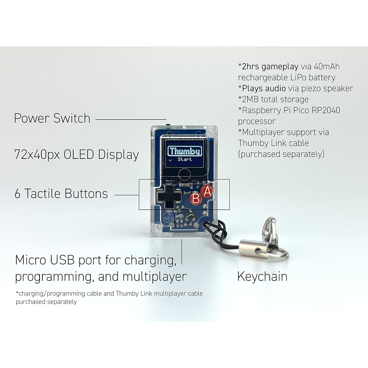 TinyCircuits Thumby (Clear) Tiny Game Console Playable Programmable Keychain: Electronic Miniature STEM Learning Tool