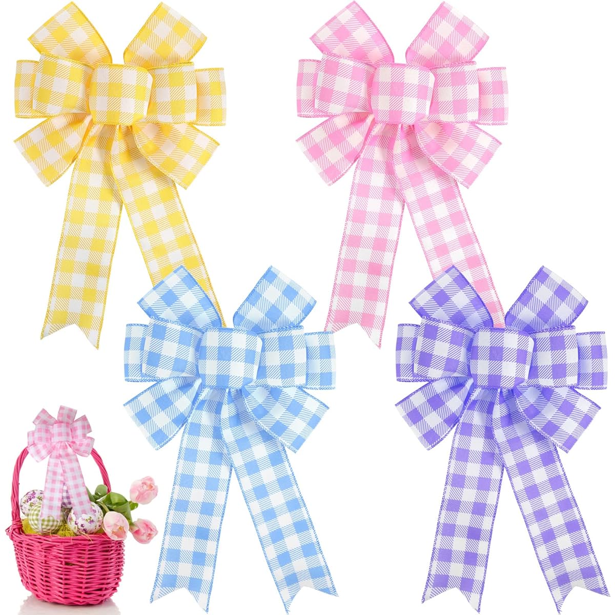 Wreath Bows Large Decorative Holiday Bows Christmas Tree Decorations Xmas Tree Ribbons Embellishments Seasonal Bows and Ribbons 9.84 x 15.75 Inch 4 Pack Christmas Easter Blue Yellow Pink Purple