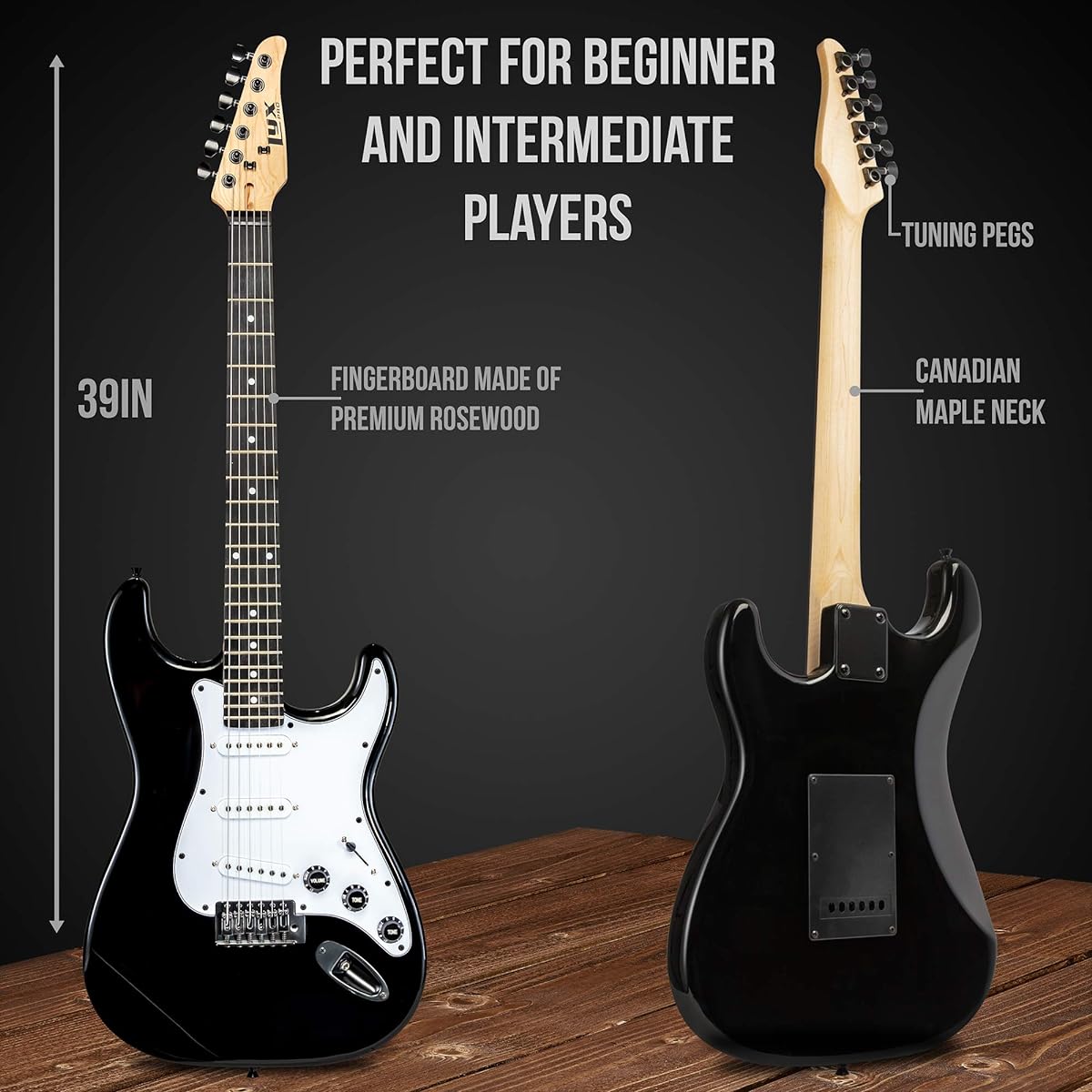 LyxPro CS 39" Electric Guitar Stratocaster Kit for Beginners/Intermediate/Pro Players Includes Guitar, Amplifier Cable, 6 Picks & Learner's Guide | Solid Wood Body Volume/Tone Control 5-Way Pickup - Black