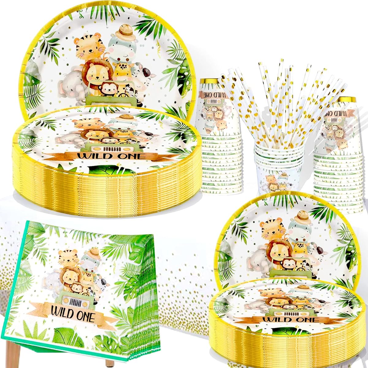LEEHBY Jungle Safari Disposable Paper Plates Set Party Decorations Tableware Supplies - 126 Piece Forest Animal Tableware Set (25 Guests) for Birthday, Baby Shower, Wedding Party