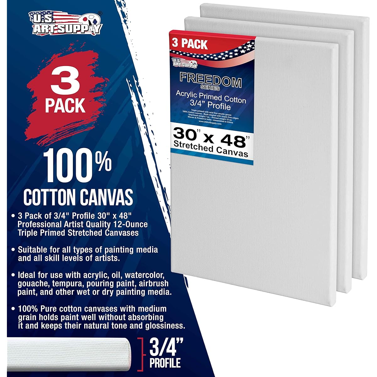 US Art Supply 30" x 48" Professional Quality Acid Free Stretched Canvas 3 Pack 3/4 Profile 12oz Primed Gesso - (Full Case of 3 Single Canvases)