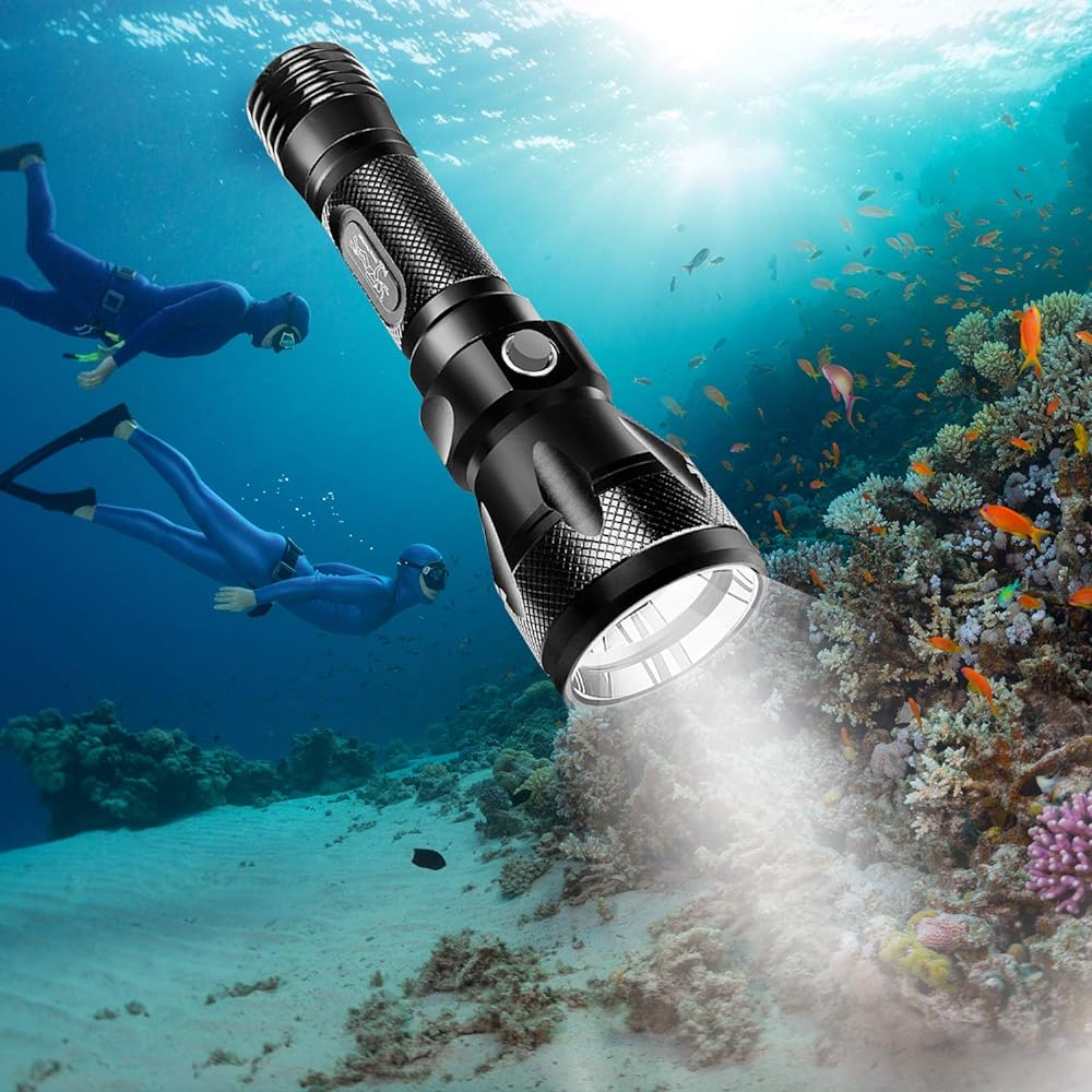 ShinePick Diving Light, LED Underwater Flashlight, Underwater Light, L2 LED, Compatible with 18650 batteries (sold separately), 1200LM, Amphibious, Lightweight, IPX8 Strong Waterproof, Can be used at a depth of 100M, 3-level dimming, Suitable for crime p