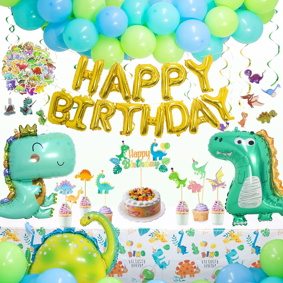 AK KYC Dinosaur Birthday Party Decorations & Balloons Arch Garland Kit Dinosaur Balloons HAPPY BIRTHDAY Balloons Tablecloth Hanging Swirl Cupcake Toppers for Dinosaur Themed Kids Party