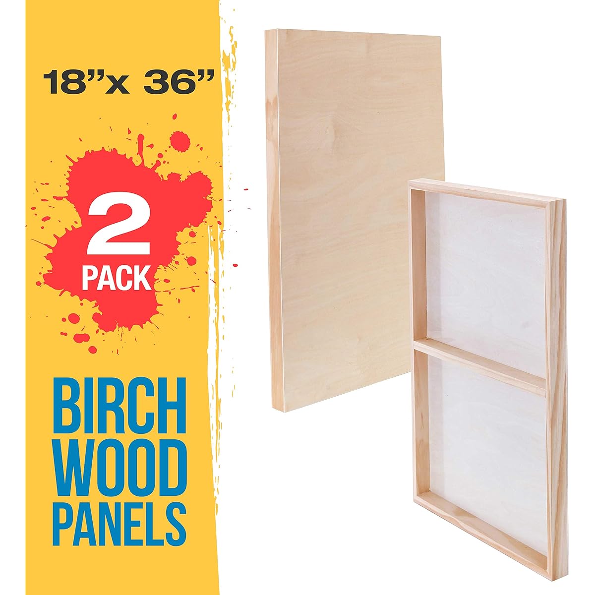 U.S. Art Supply 18" x 36" Birch Wood Paint Pour Panel Board Gallery 1-1/2" Deep Cradle (2 Pack) - Artist Deep Wood Wall Canvas - Painting Mixed Media Craft, Acrylic, Oil, Encaustic