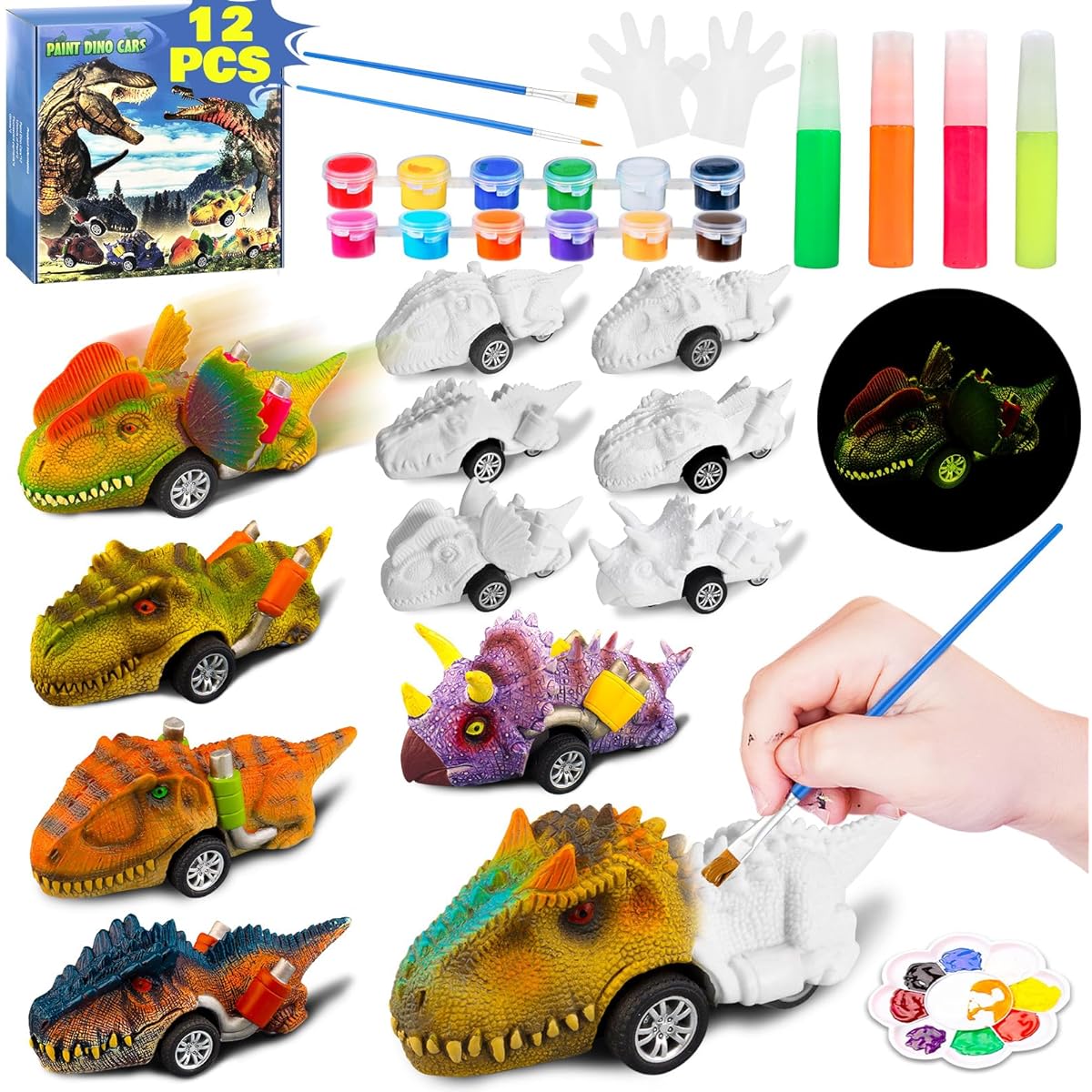 12 Pack Dinosaur Toys DIY Dinosaur Painting Kit Pull Back Cars Toys for Boys Toddlers Girls Arts & Crafts for 6-8 Year Old Kids Christmas Birthday Gifts 3 4 5 6 7 8 9 10 11 12+