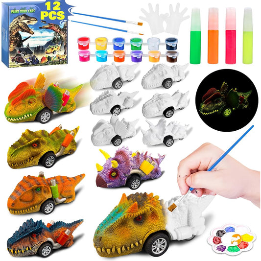 12 Pack Dinosaur Toys DIY Dinosaur Painting Kit Pull Back Cars Toys for Boys Toddlers Girls Arts & Crafts for 6-8 Year Old Kids Christmas Birthday Gifts 3 4 5 6 7 8 9 10 11 12+