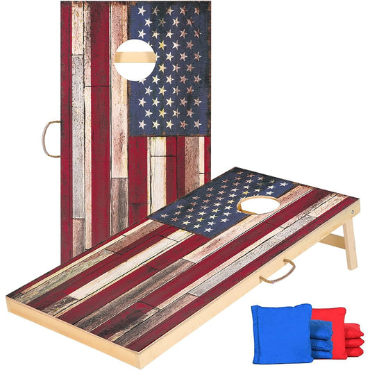 Sportdo Solid Wood Cornhole Set - Vintage American Flag Cornhole Outdoor Game - Regulation Size 4' x 2' Cornhole Board with 8 Bean Bags for Outdoor and Indoor Toss Game Competition