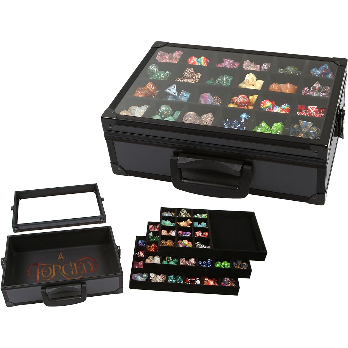 Forged Dice Co. Dice Display Case and Rolling Tray with 3 Removable Divided Dice Trays - Storage Box Holds up to 720 Metal or Plastic Polyhedral Dice Sets - Perfect for Dice Collectors or RPG D&D Games