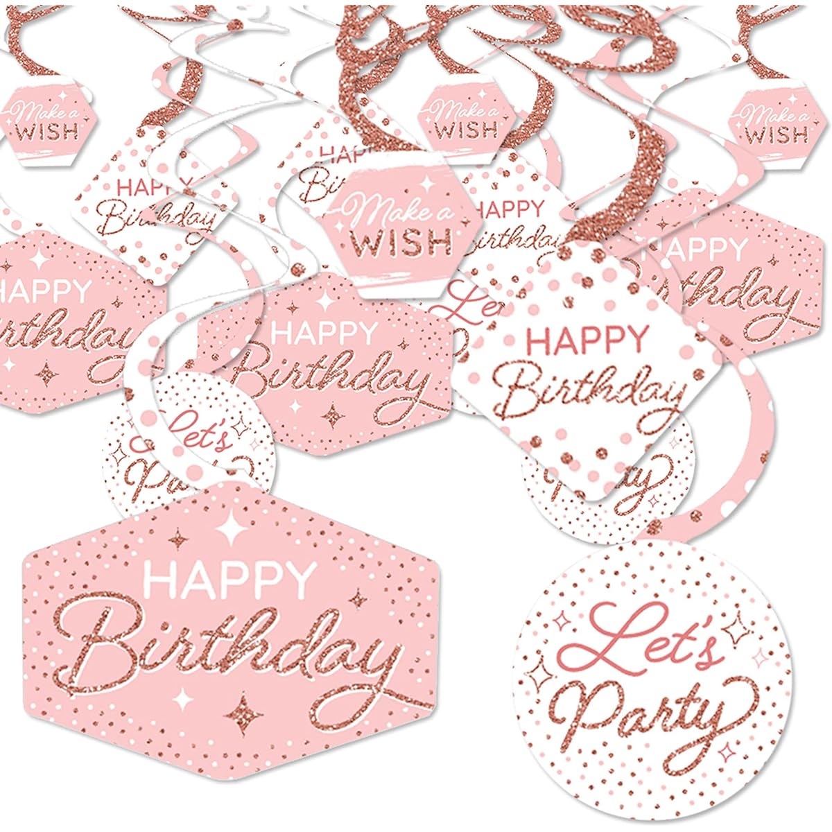 Happy Big Polka Dot Pink Rose Gold Birthday - Happy Birthday Party Hanging Decorations - Party Decoration Swirls - Set of 40