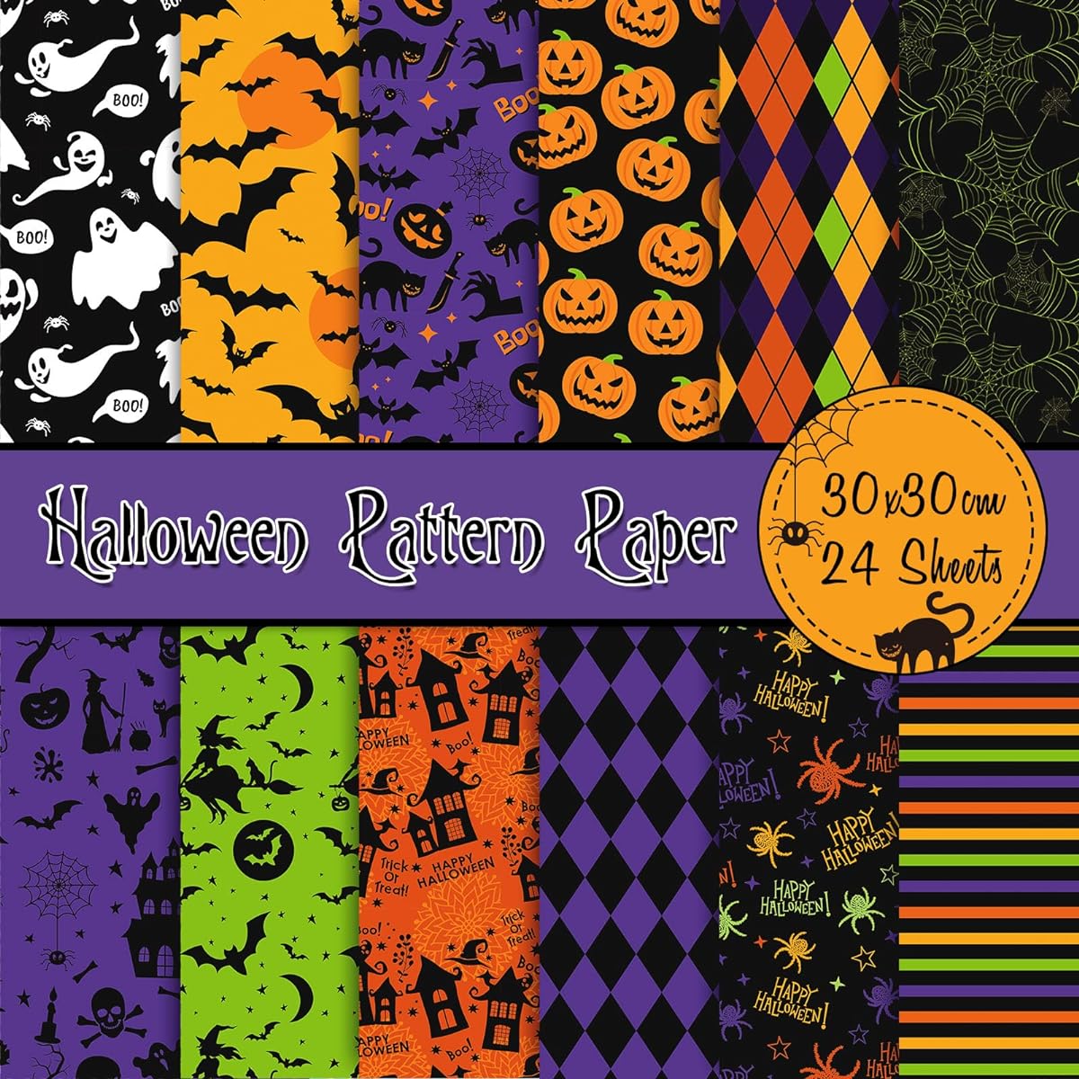 Whaline 24 Sheets Halloween Pattern Paper 30x30cm Pumpkin Bat Spider Witch Ghost Scrapbook Paper Double Sided Holiday Craft Paper Card Making Scrapbooking Photo Album Decoration 12 Designs