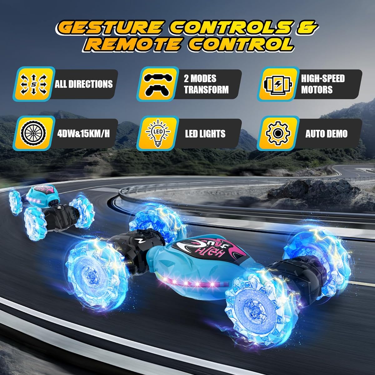 OSIMILY Remote Control Car RC Stunt Car with Lights & Music 4WD 2.4GHz Remote Control Twist Car (Blue)