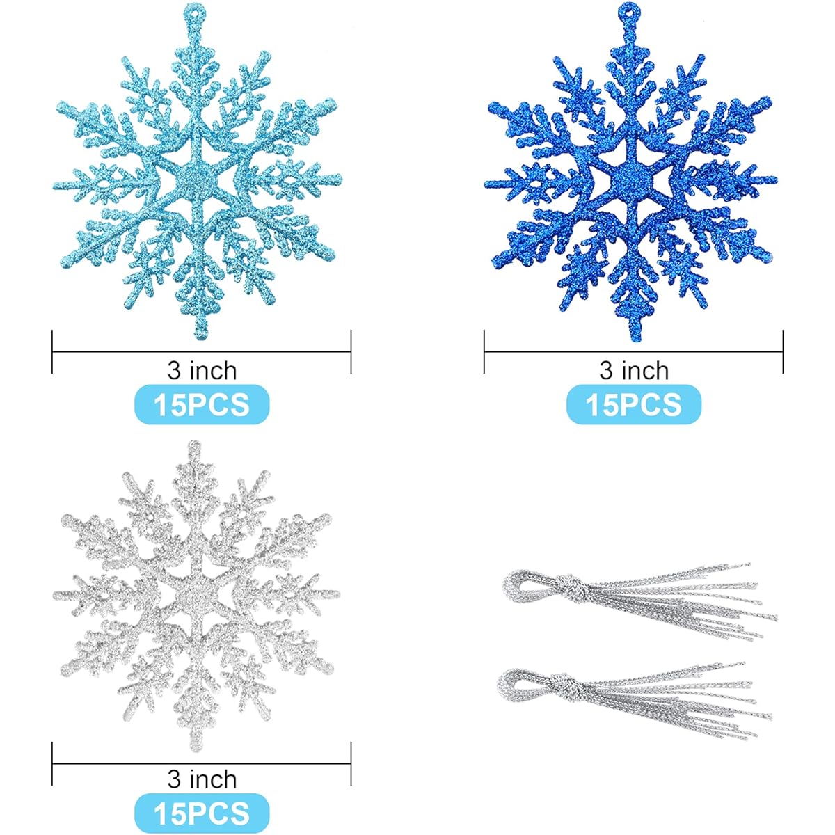 Whaline 45pcs Winter Snowflake Ornaments Glitter Blue Silver Snowflake Hanging Pendants Christmas Tree Decorations with String for Winter Party Wonderland Holiday Wedding Birthday Decorations