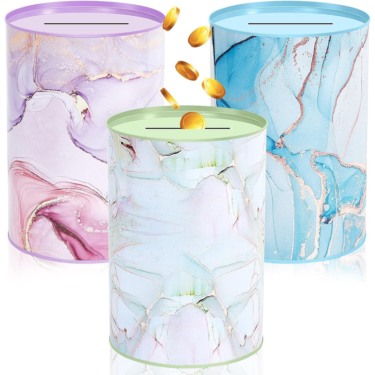 Marble Metal Piggy Bank 8.7" Tall 3pcs Piggy Bank Break to Open Save Money Tin Can Bank Kids Money Bank for Adults Kids Piggy Bank Coins Dollar Bills Currency Notes Random Color