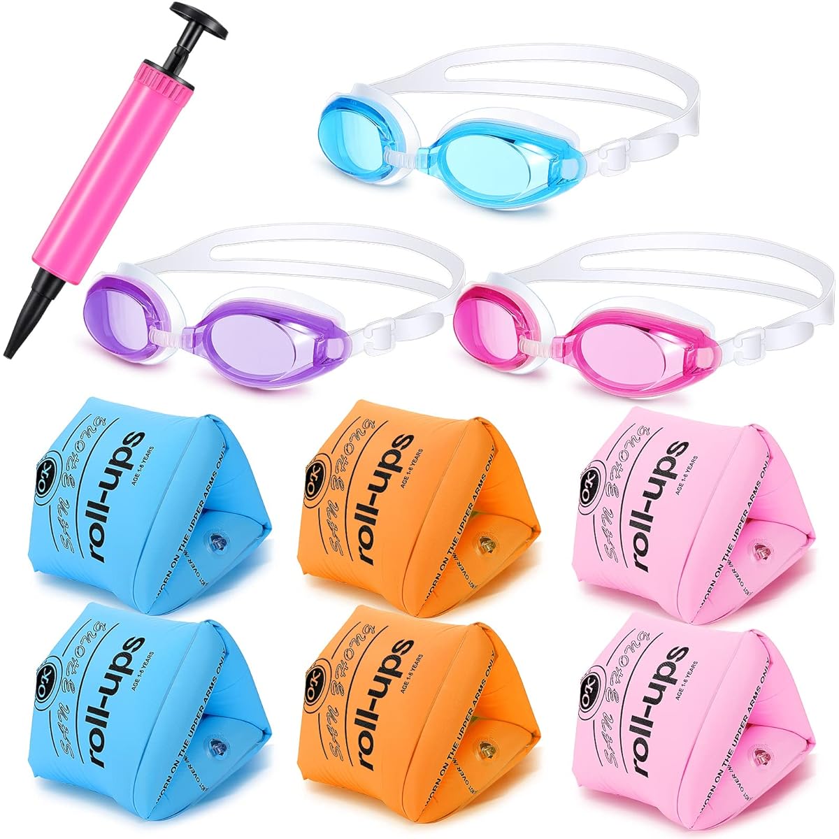 3 Pairs Swimming Arm Float Rings, Inflatable Swimming Arm Float Bands, Arm Floater Sleeves, 3 Pieces Swimming Goggle Arm for Kids, 1 Piece Inflatable Tube, Swimming Gear for Toddlers, Arm Swimming Rings