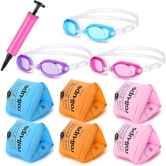 3 Pairs Swimming Arm Float Rings, Inflatable Swimming Arm Float Bands, Arm Floater Sleeves, 3 Pieces Swimming Goggle Arm for Kids, 1 Piece Inflatable Tube, Swimming Gear for Toddlers, Arm Swimming Rings