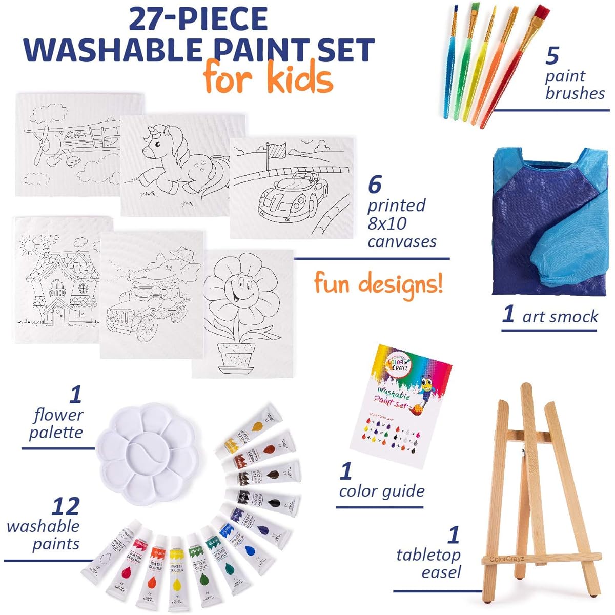 Paint Set for Kids - 27 Piece Kids Paint Set for Girls and Boys - Drawing Paint Supplies - Kids Art Canvas Painting - Teen Painting Gifts for Ages 4 5 6 7 8 9 10 (Washable Paints)